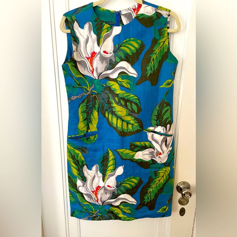 Linen/Silk Dress Ocean Blue Tropical with Pockets and Zipper in Back Size M - Picture 3 of 9